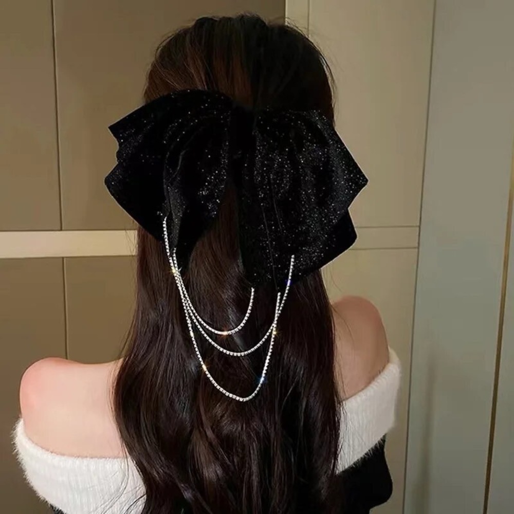 Oversized Velvet Bow French Barrette Hair Clip with Rhinestones